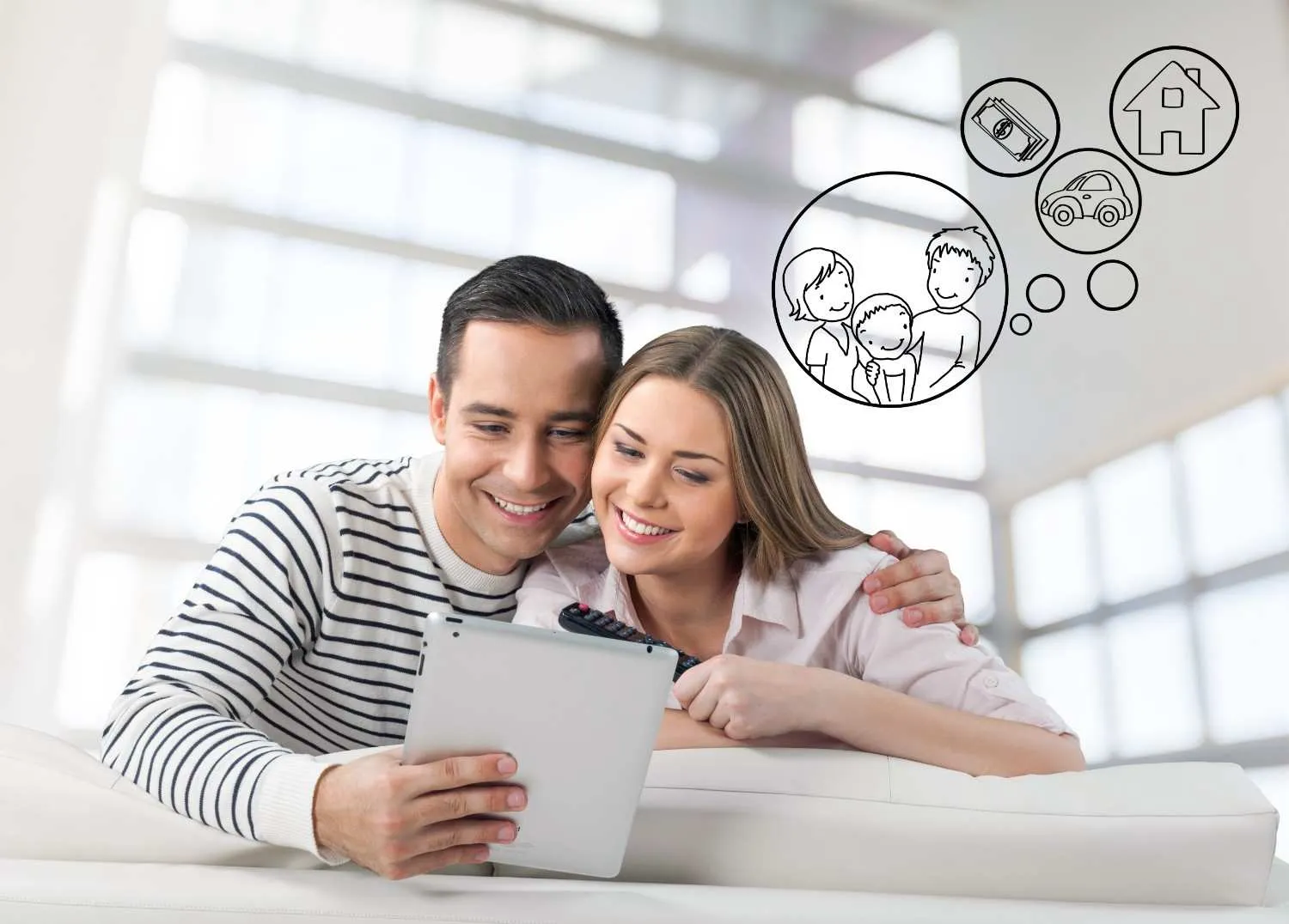 Couple on a laptop weighing up home, car, health and family cover
